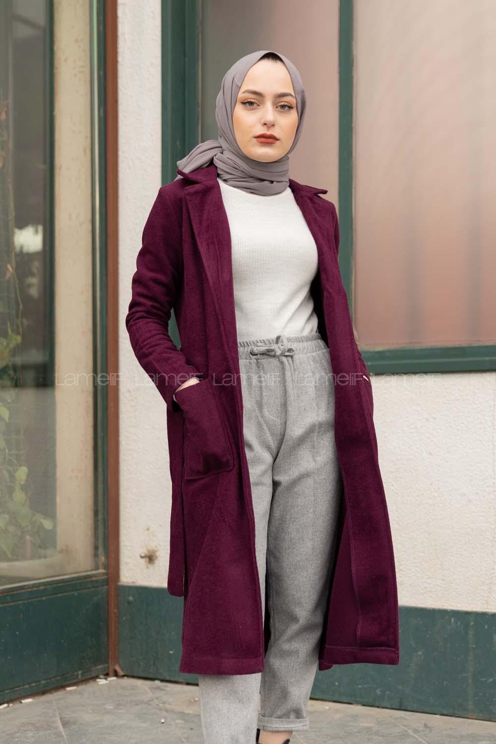 Modalamelif Bağlamalı Kaşe Kaban Mürdüm