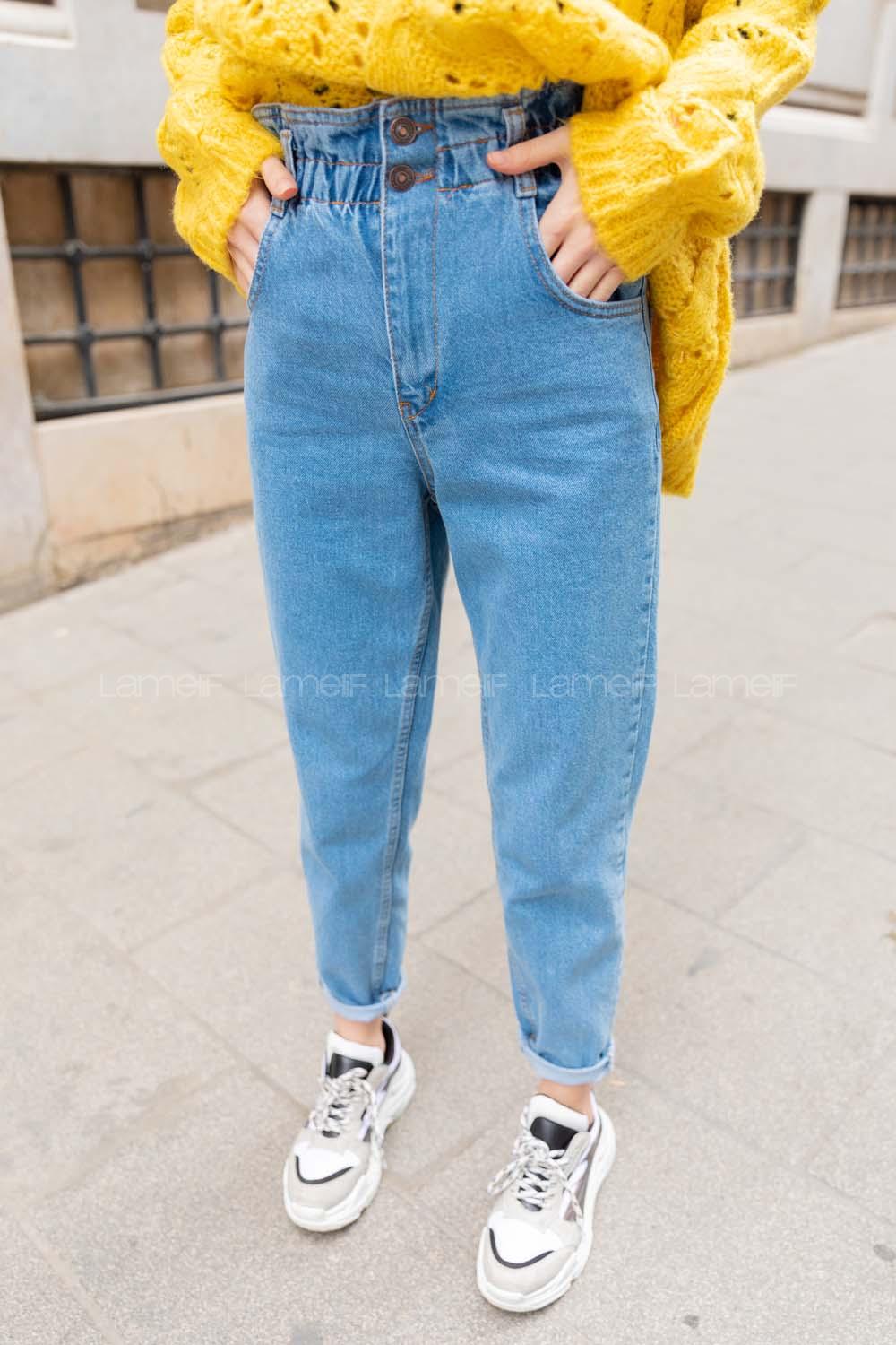 Modalamelif Beli Lastikli Mom Kot Pantolon Açık Mavi