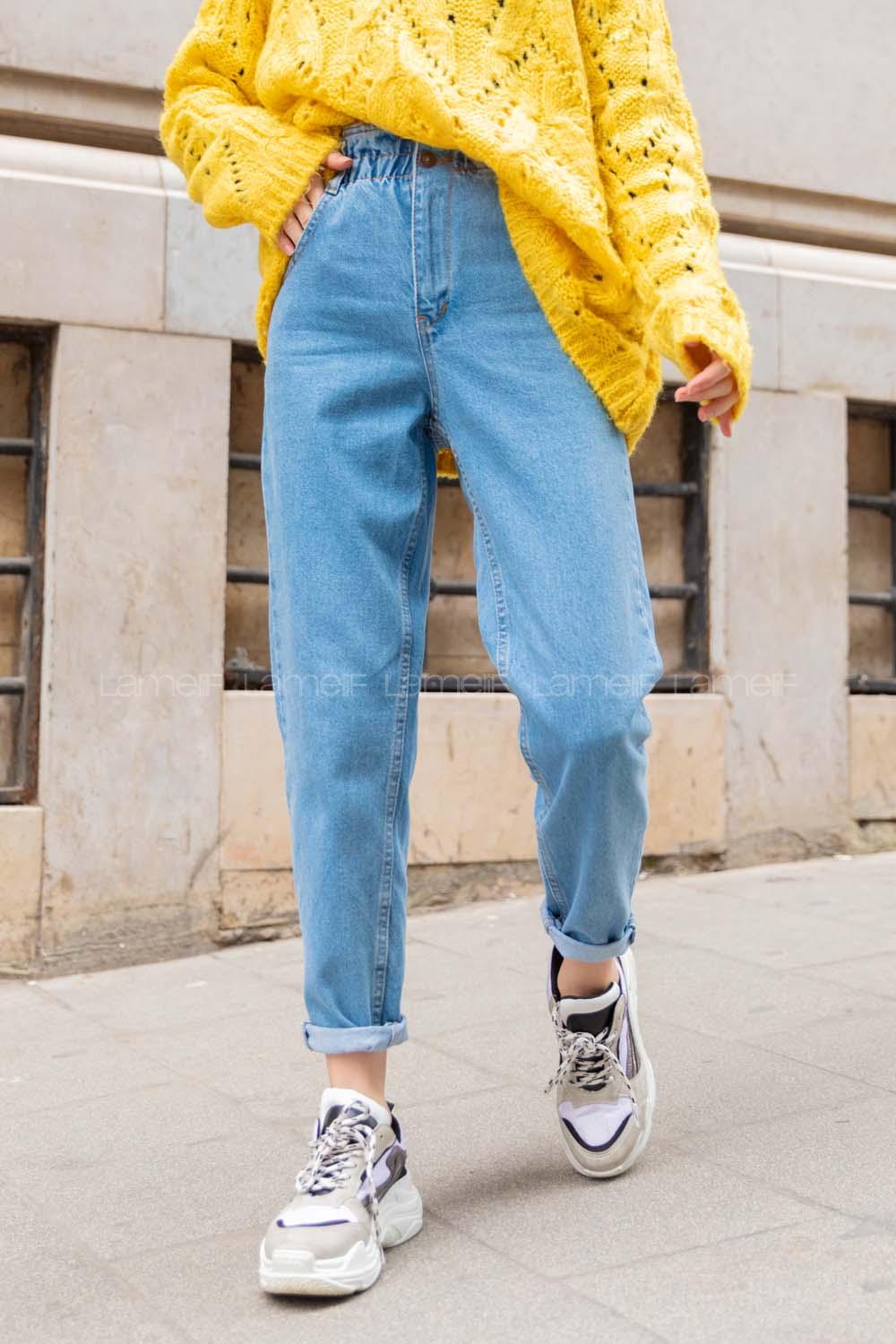 Modalamelif Beli Lastikli Mom Kot Pantolon Açık Mavi