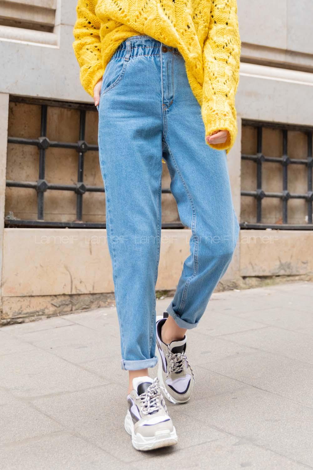 Modalamelif Beli Lastikli Mom Kot Pantolon Açık Mavi