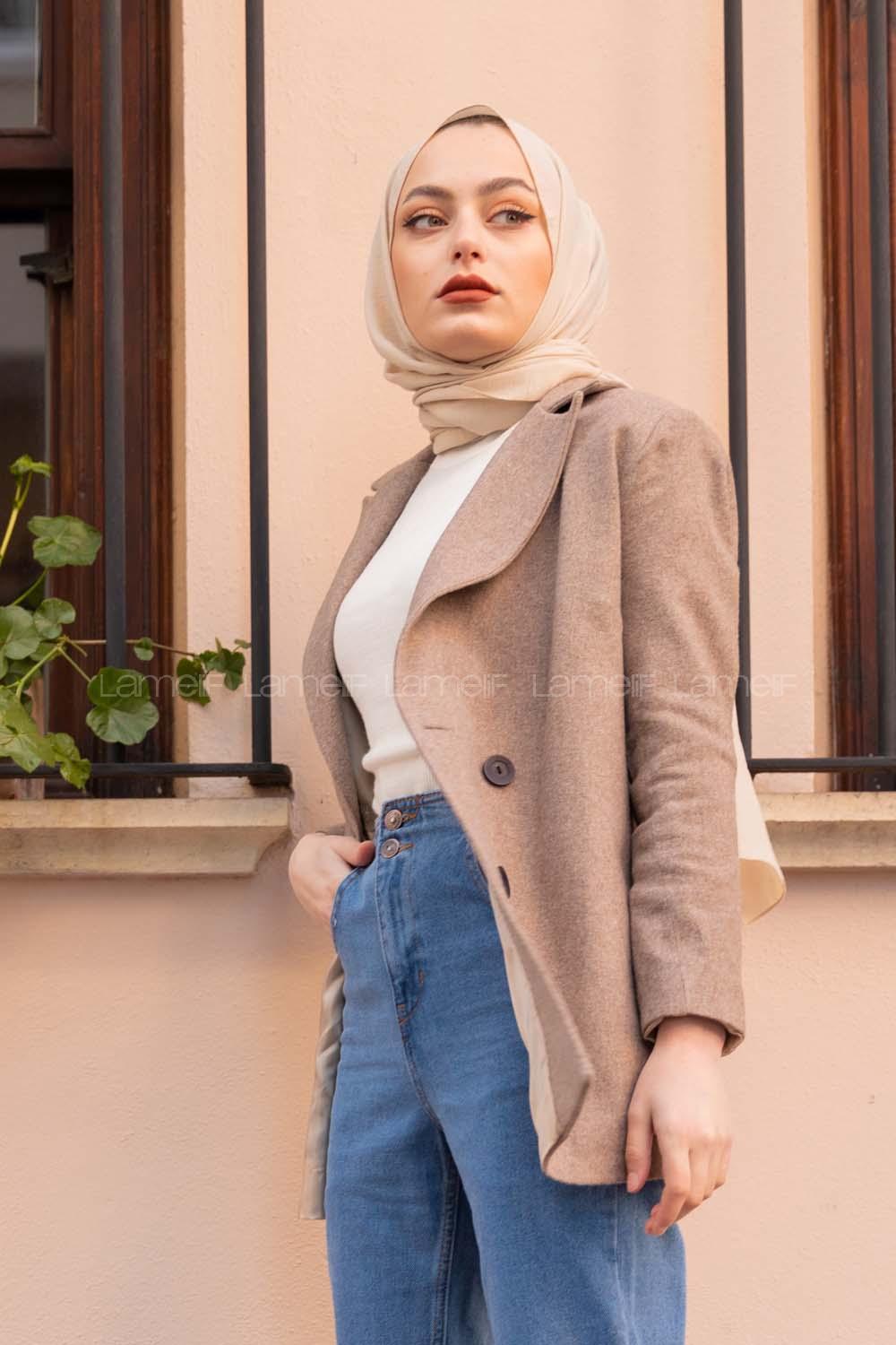 Modalamelif Çanta Detaylı Kaşe Ceket Vizonrengi