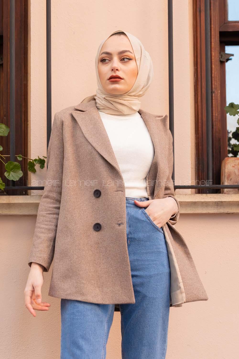 Modalamelif Çanta Detaylı Kaşe Ceket Vizonrengi