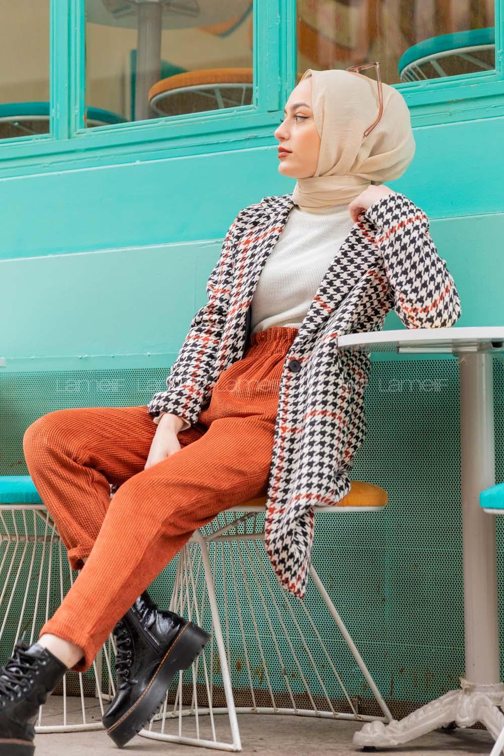 Modalamelif Çizgili Kazayağı Desen Kaban Kiremit