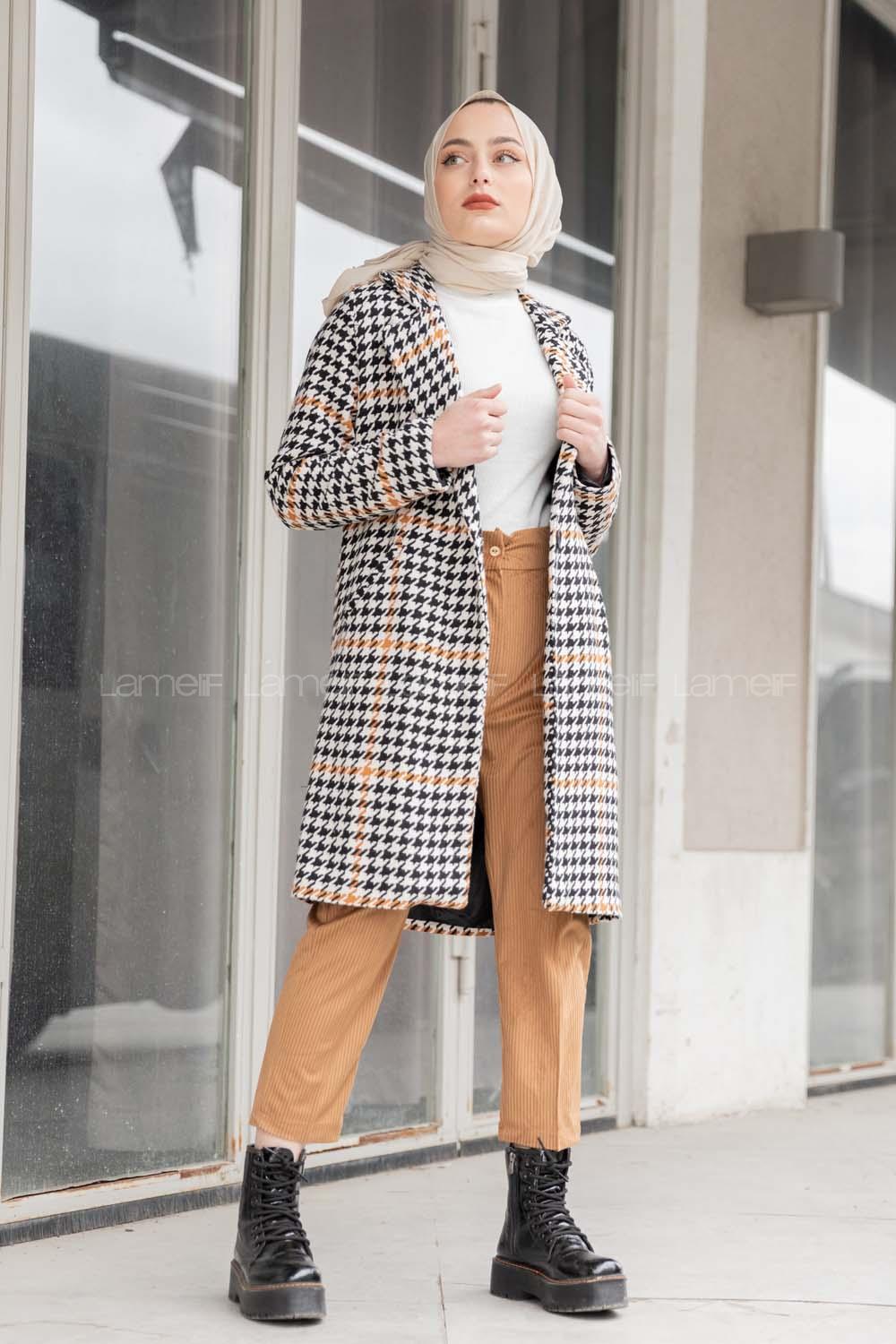 Modalamelif Çizgili Kazayağı Desen Kaban Sütlü Kahve