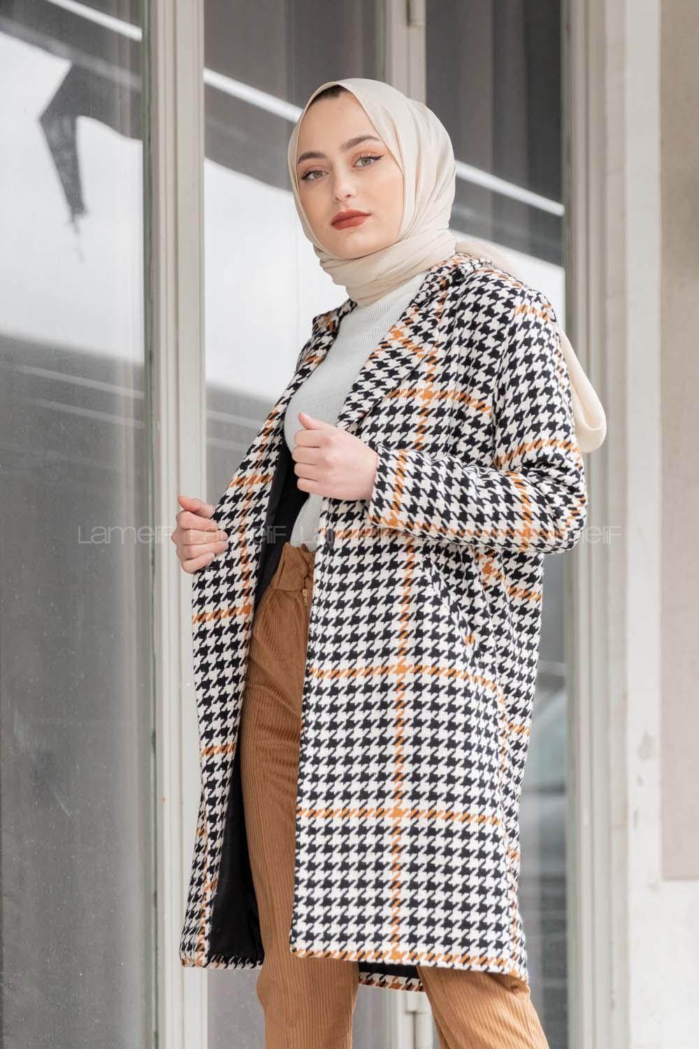 Modalamelif Çizgili Kazayağı Desen Kaban Sütlü Kahve