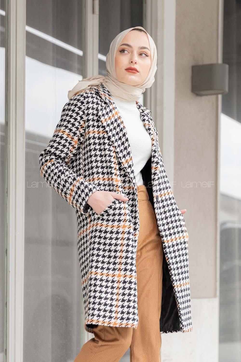 Modalamelif Çizgili Kazayağı Desen Kaban Sütlü Kahve