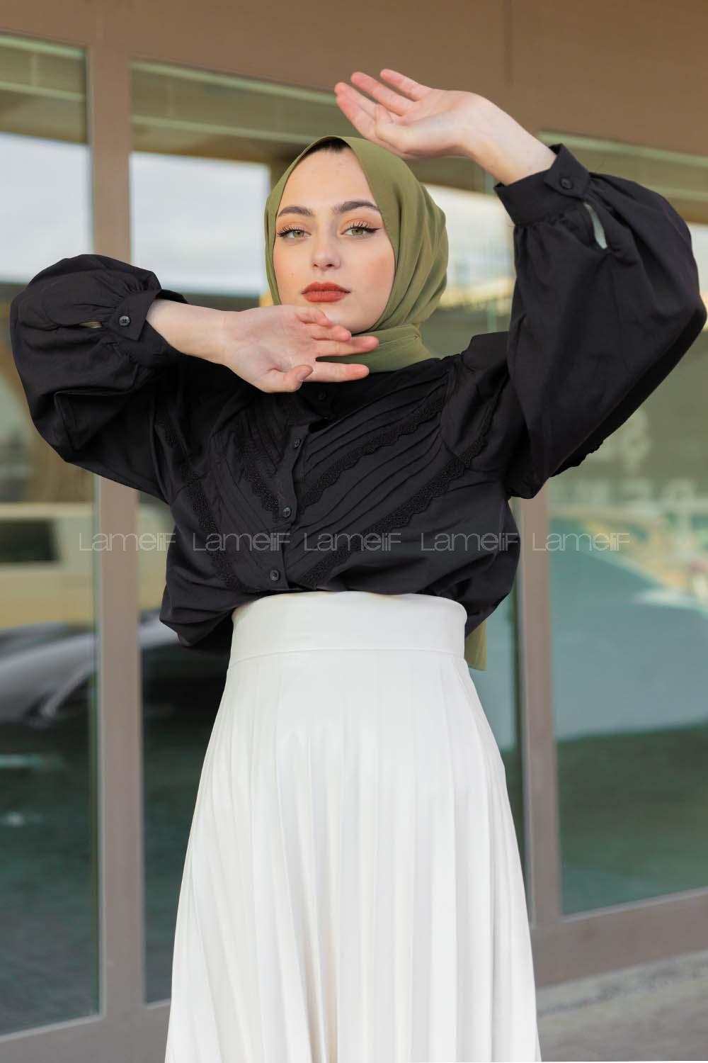 Modalamelif Dantelli Balon Kol Gömlek Siyah