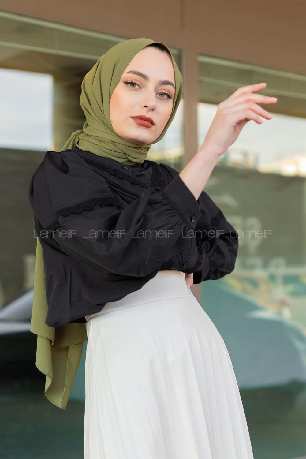 Modalamelif Dantelli Balon Kol Gömlek Siyah