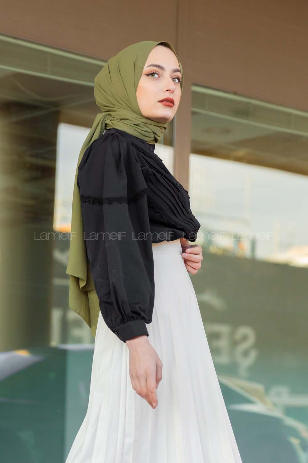 Modalamelif Dantelli Balon Kol Gömlek Siyah