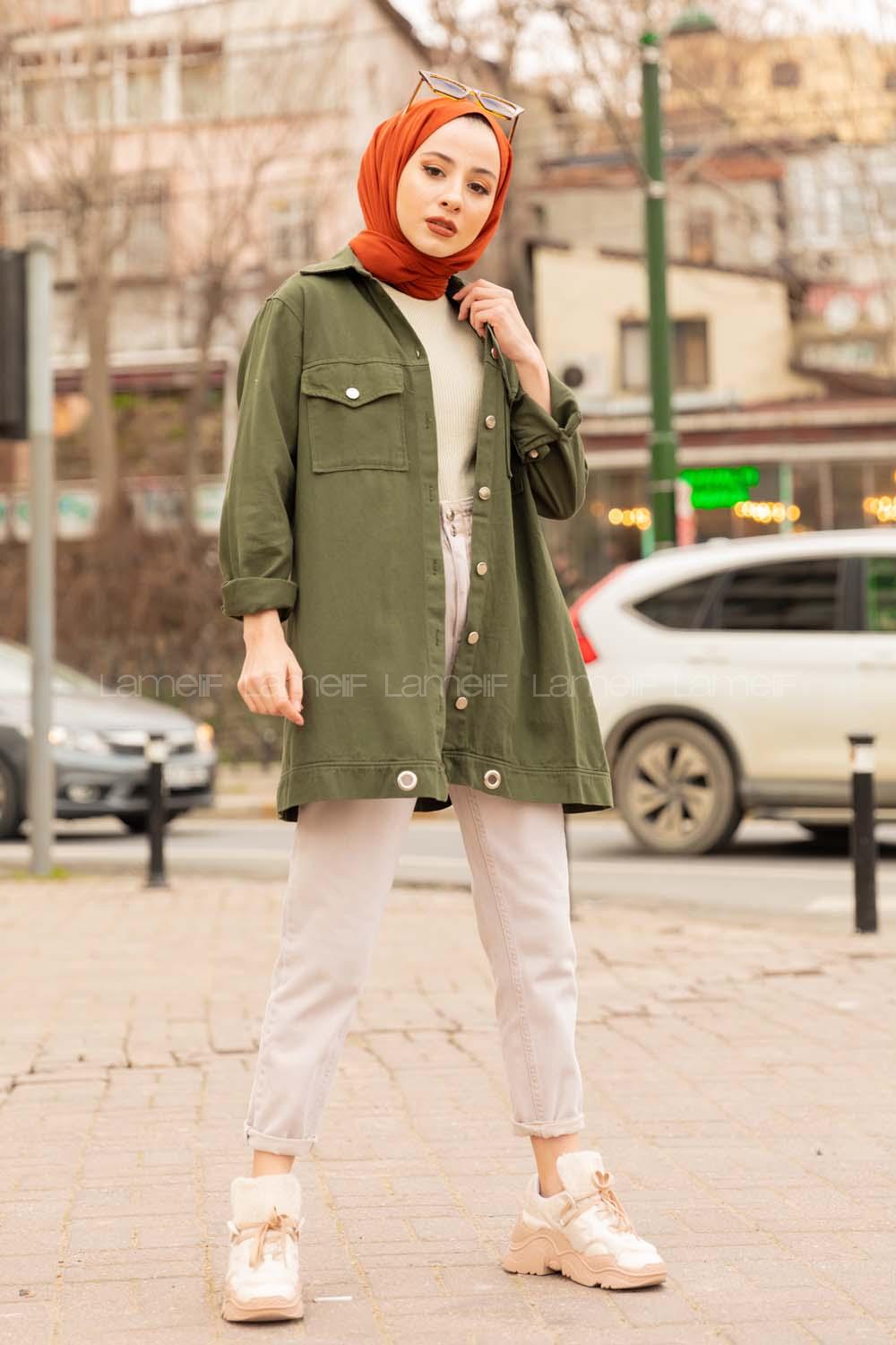 Modalamelif Eteği Kuş Gözlü Ceket Haki