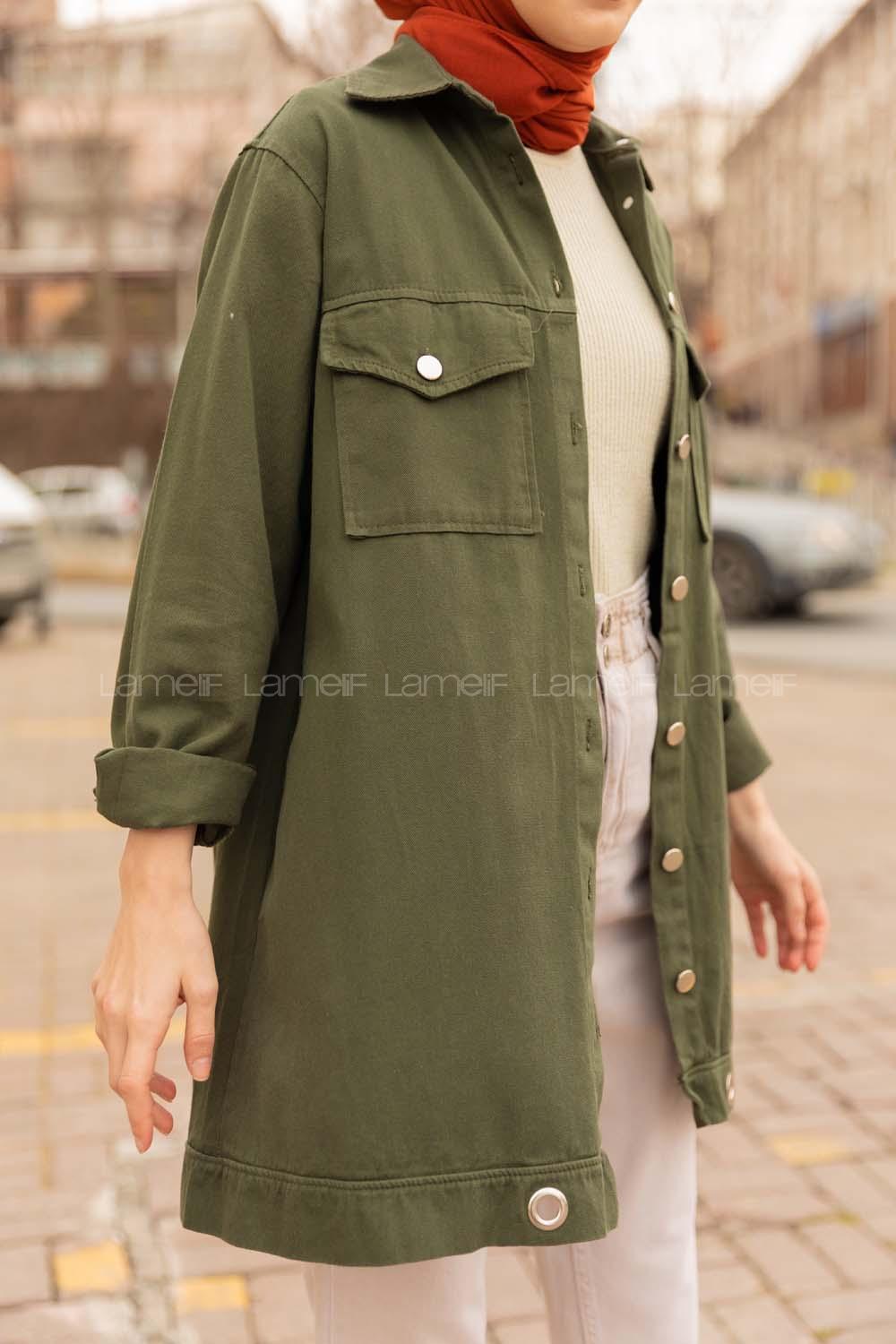 Modalamelif Eteği Kuş Gözlü Ceket Haki