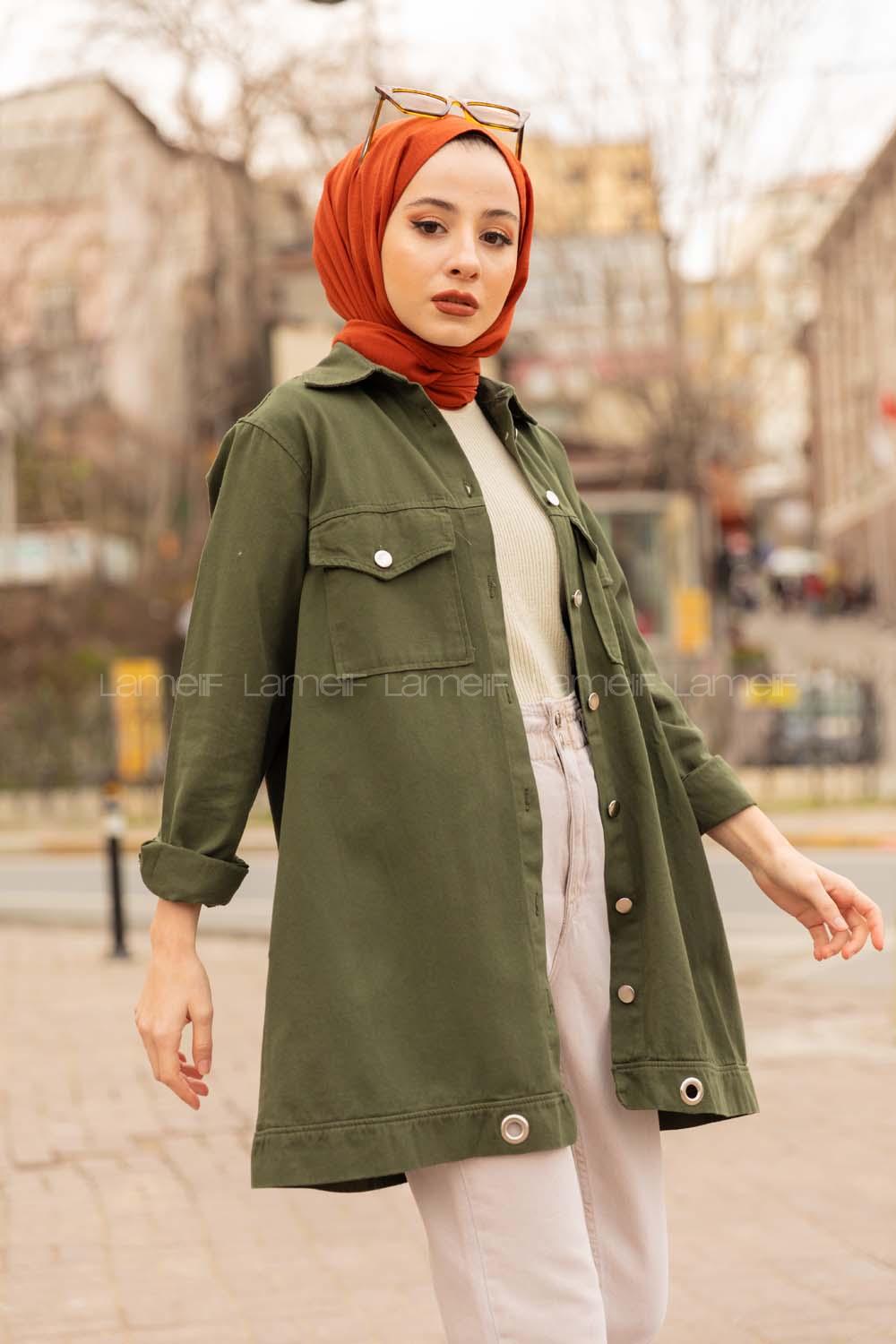 Modalamelif Eteği Kuş Gözlü Ceket Haki