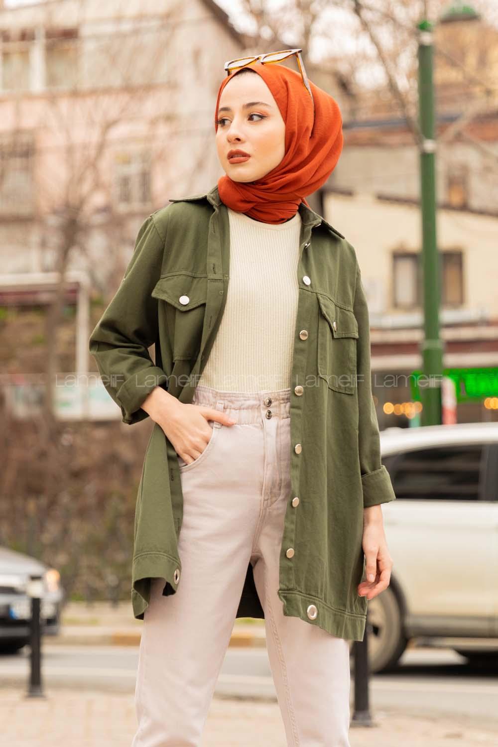 Modalamelif Eteği Kuş Gözlü Ceket Haki