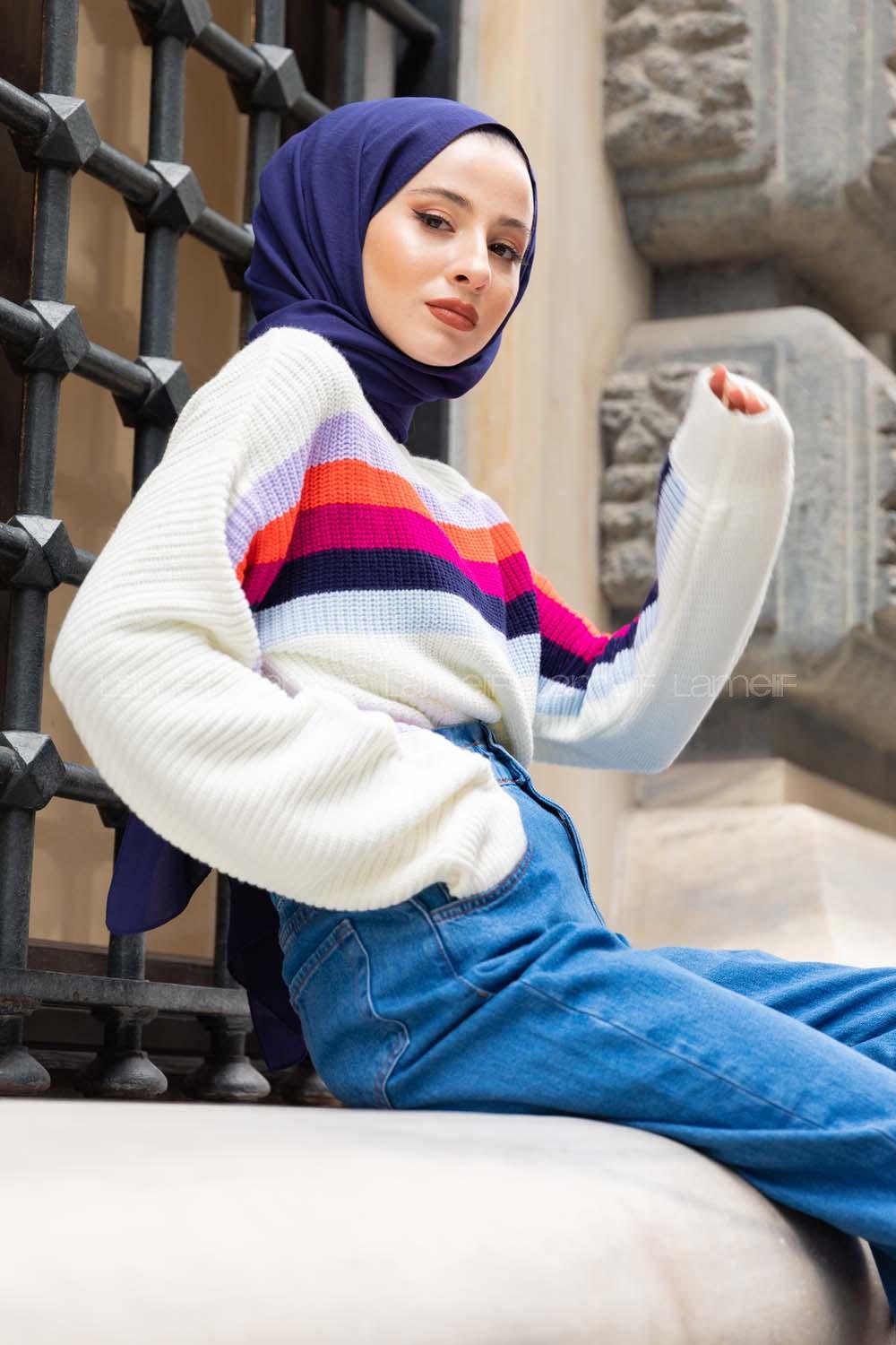 Modalamelif Gökkuşağı Şeritli Kazak Ekru