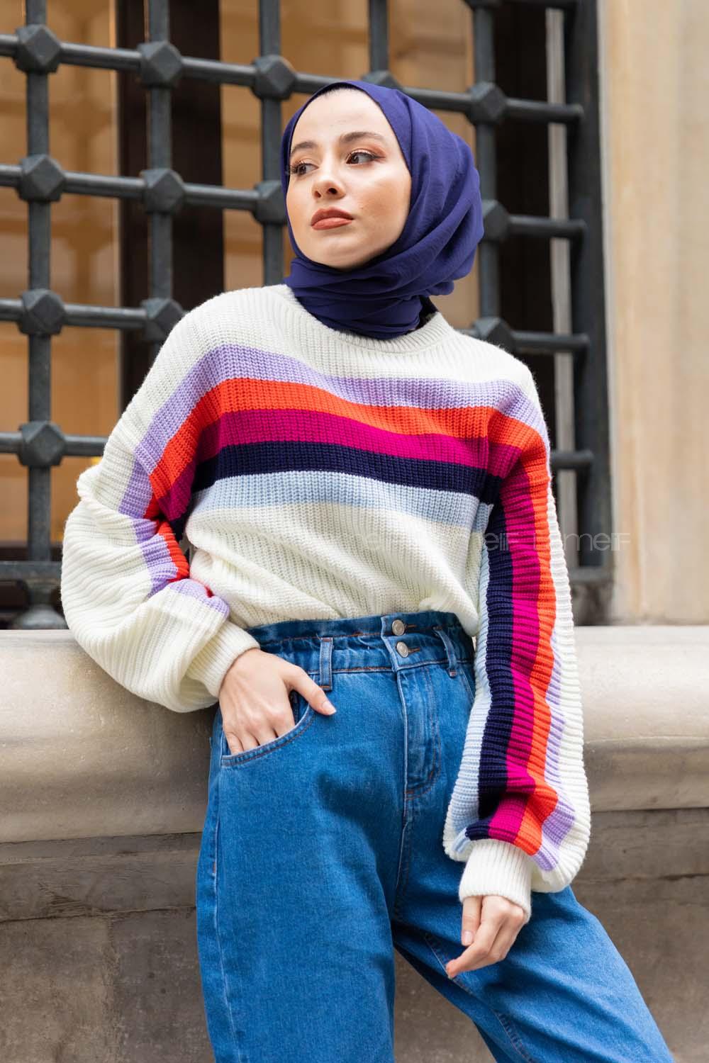 Modalamelif Gökkuşağı Şeritli Kazak Ekru