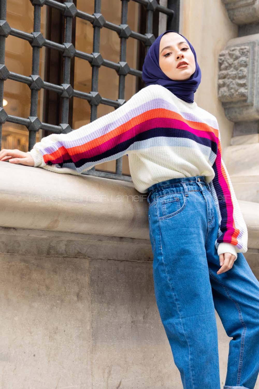 Modalamelif Gökkuşağı Şeritli Kazak Ekru