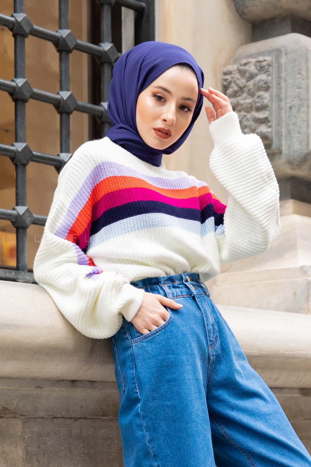 Modalamelif Gökkuşağı Şeritli Kazak Ekru