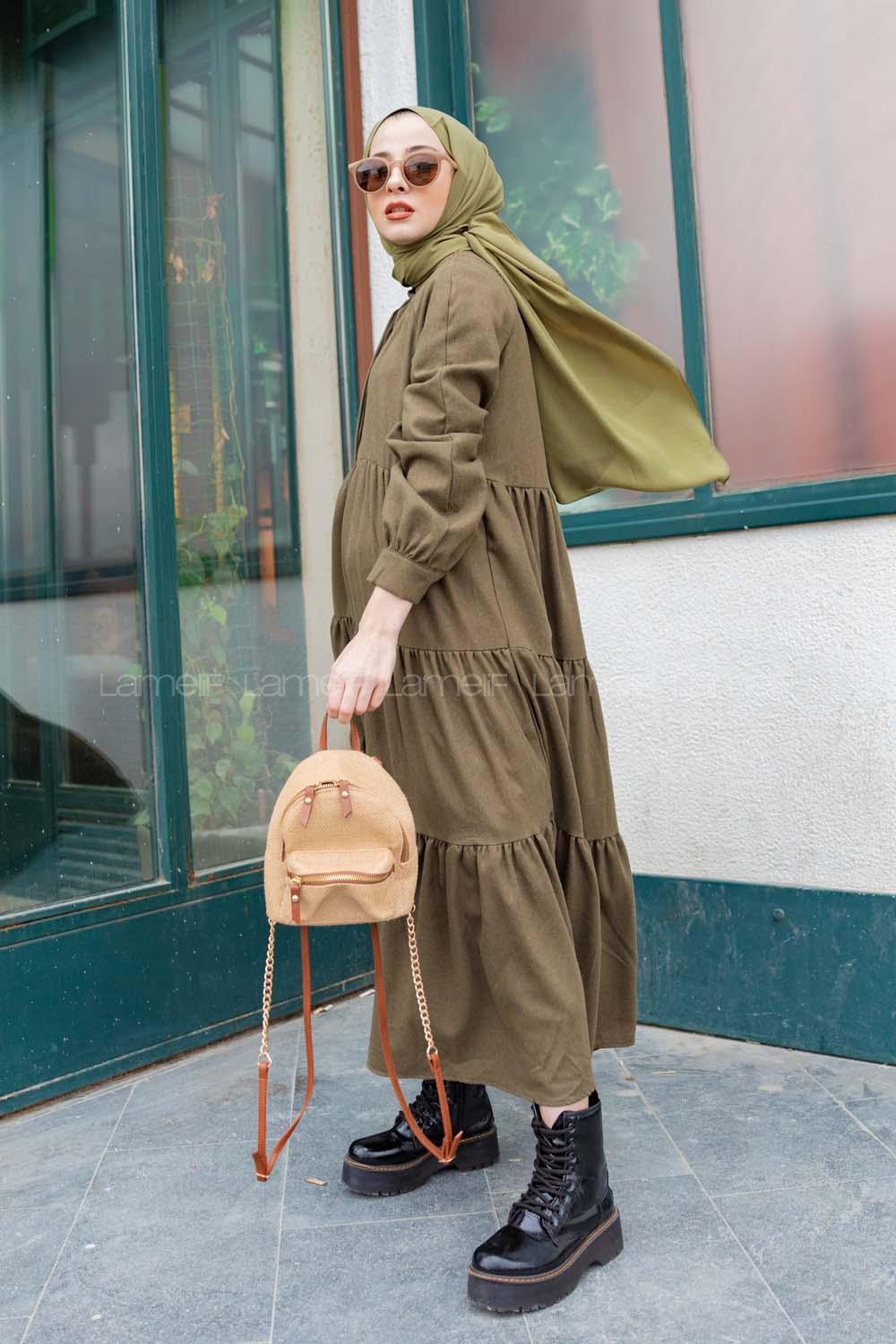 Modalamelif Hakim Yaka Önü Yarım Düğmeli Elbise Haki