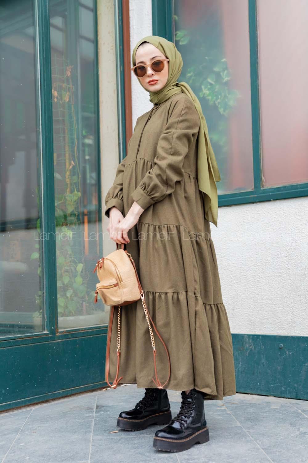 Modalamelif Hakim Yaka Önü Yarım Düğmeli Elbise Haki