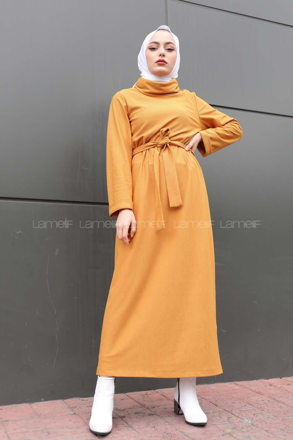 Modalamelif İnce Fitilli Kemerli Elbise Hardal Sarısı