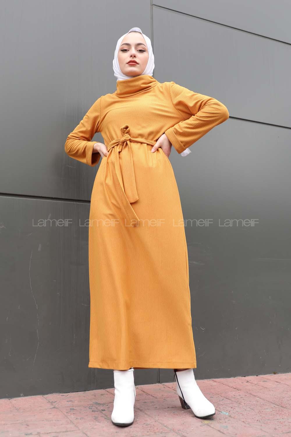 Modalamelif İnce Fitilli Kemerli Elbise Hardal Sarısı