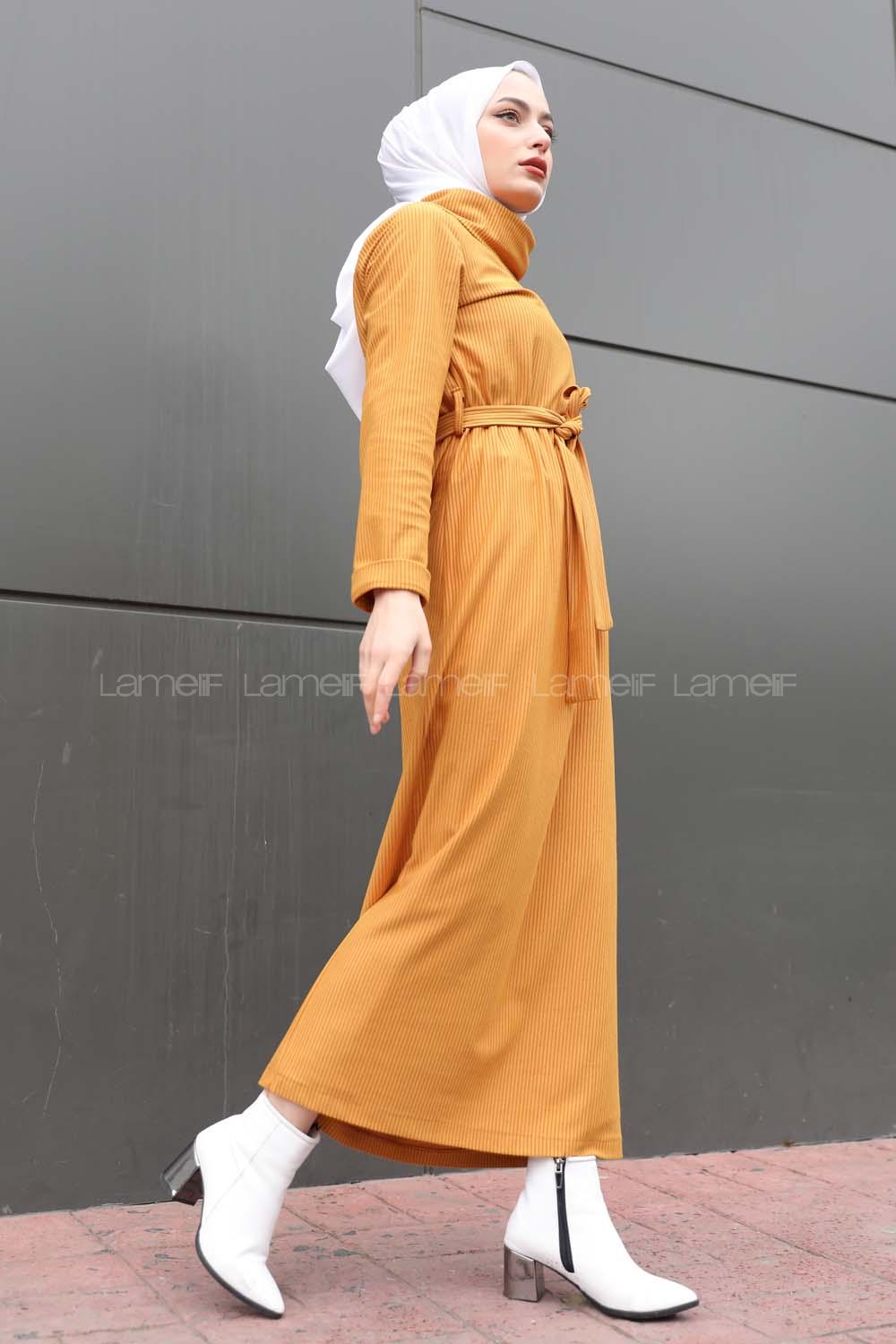 Modalamelif İnce Fitilli Kemerli Elbise Hardal Sarısı