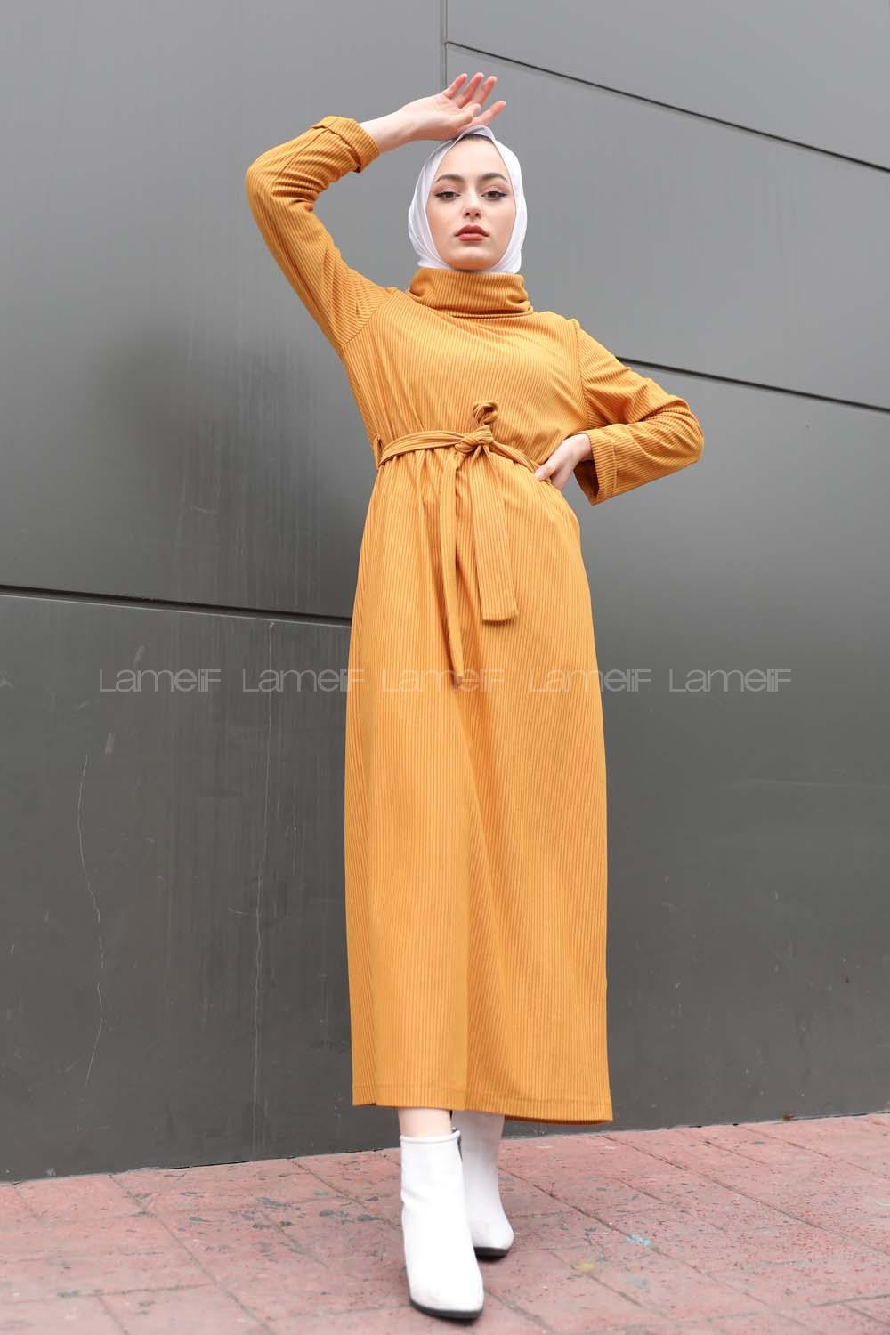 Modalamelif İnce Fitilli Kemerli Elbise Hardal Sarısı