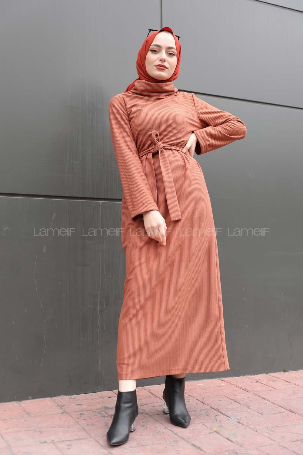 Modalamelif İnce Fitilli Kemerli Elbise Kahverengi