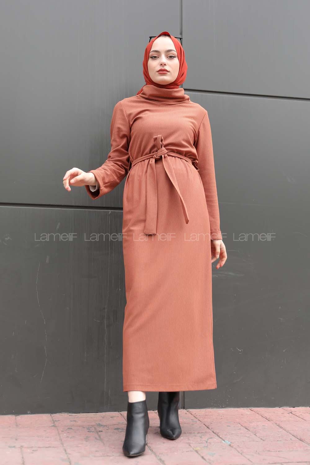 Modalamelif İnce Fitilli Kemerli Elbise Kahverengi