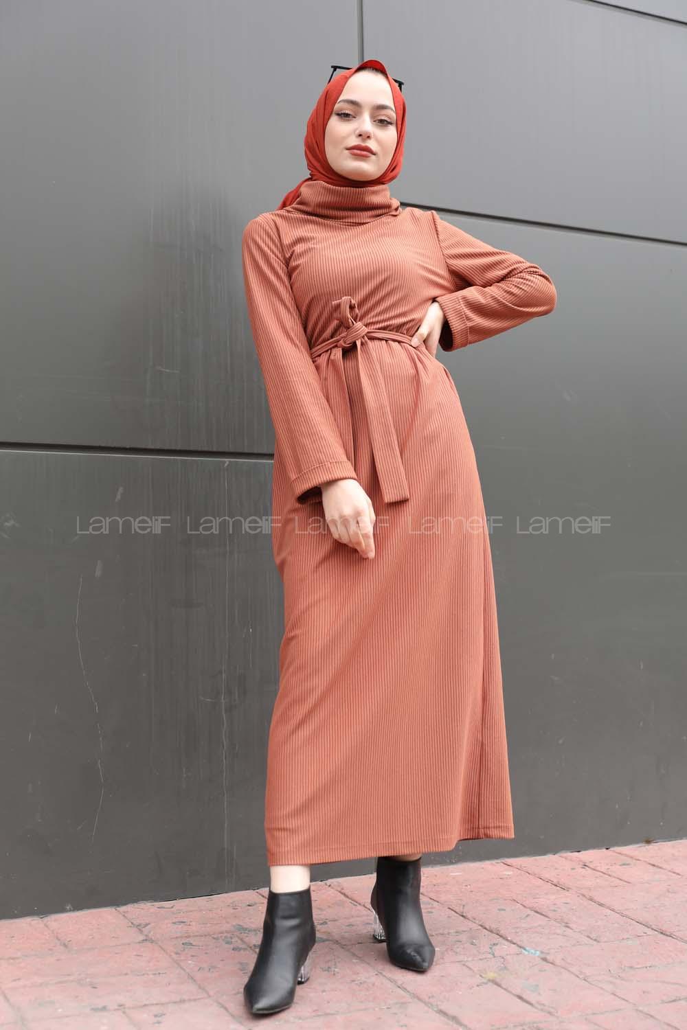 Modalamelif İnce Fitilli Kemerli Elbise Kahverengi