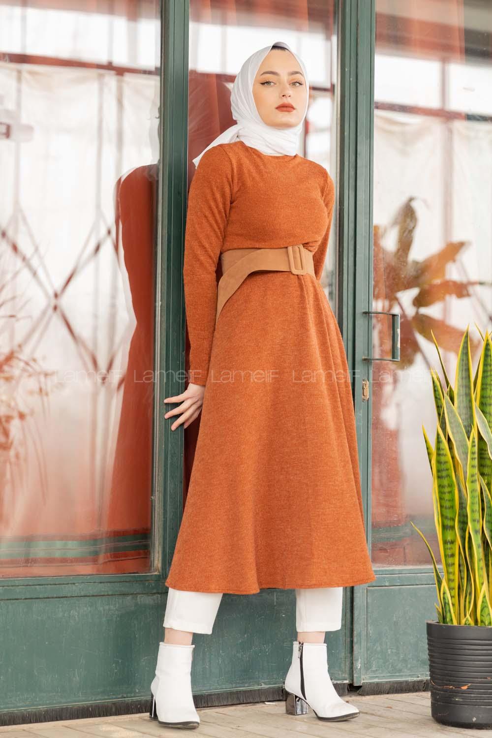 Modalamelif Kloş Kemerli Triko Elbise Kiremit