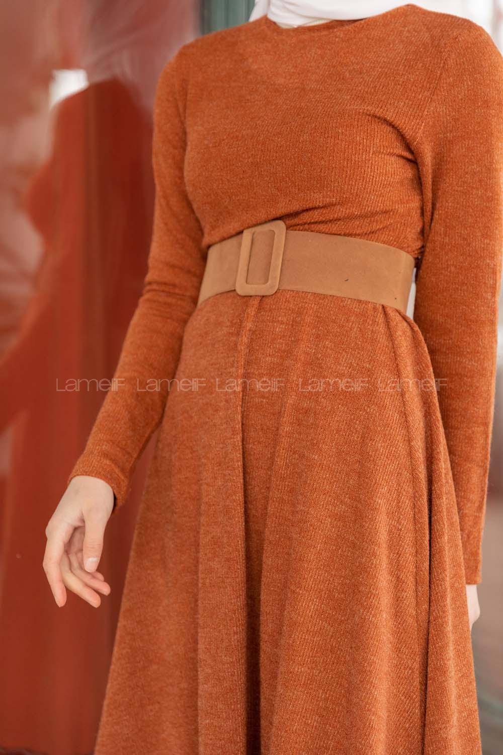 Modalamelif Kloş Kemerli Triko Elbise Kiremit