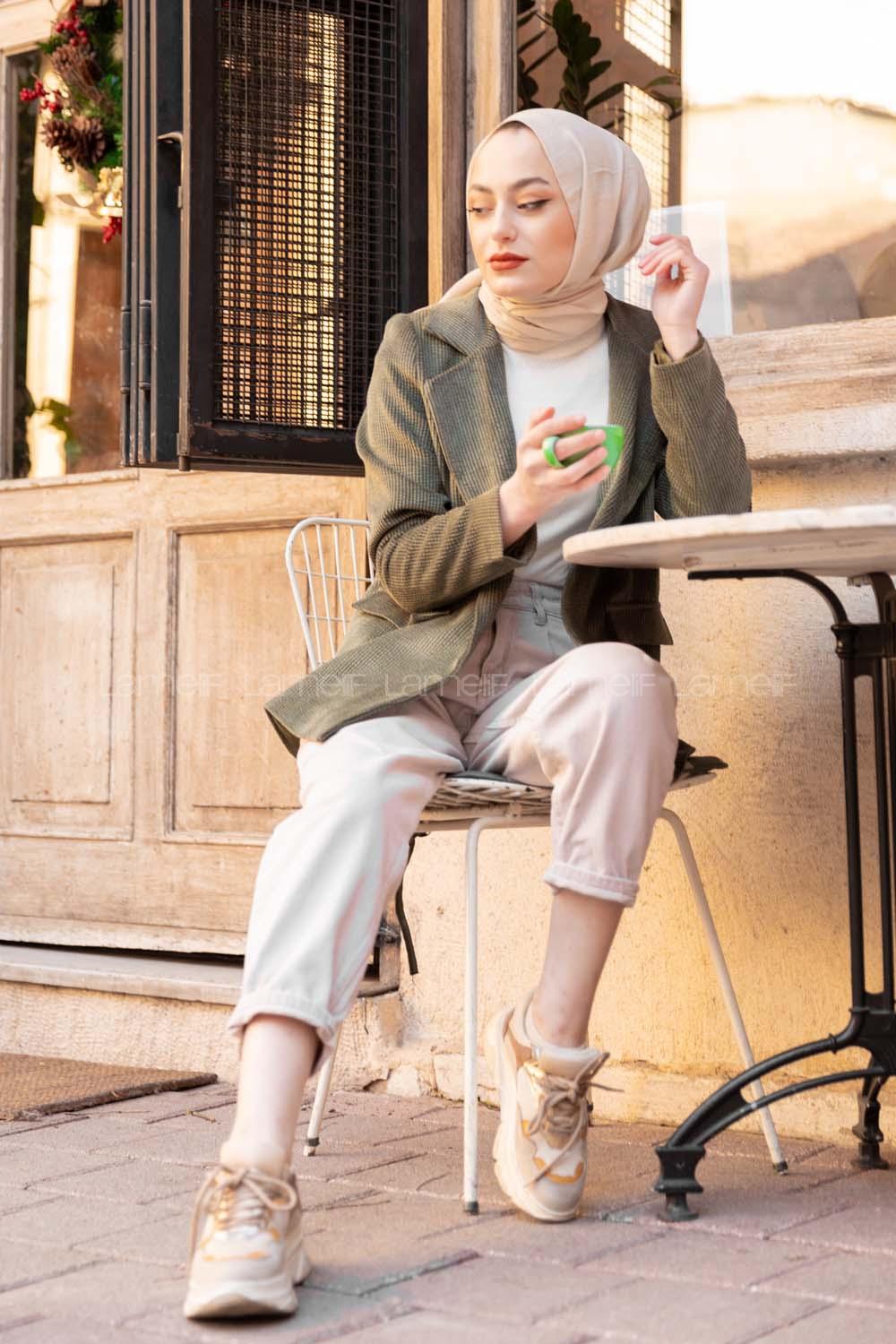 Modalamelif Önü Düğmeli Kadife Ceket Haki