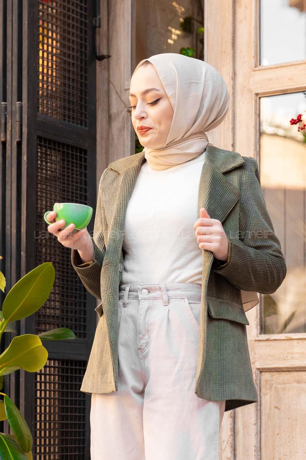 Modalamelif Önü Düğmeli Kadife Ceket Haki