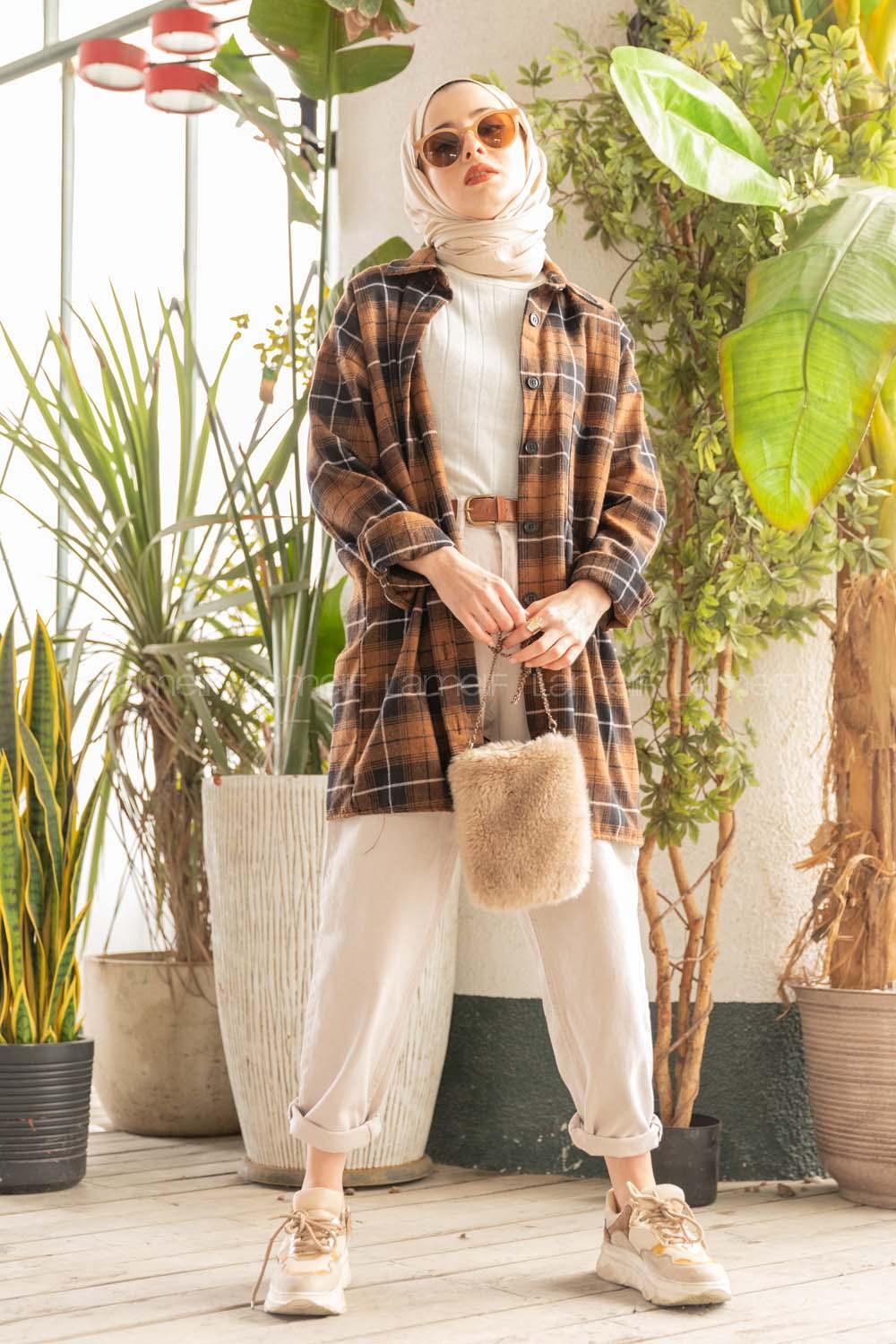 Modalamelif  Önü Düğmeli Oduncu Gömleği Kahverengi Beyaz