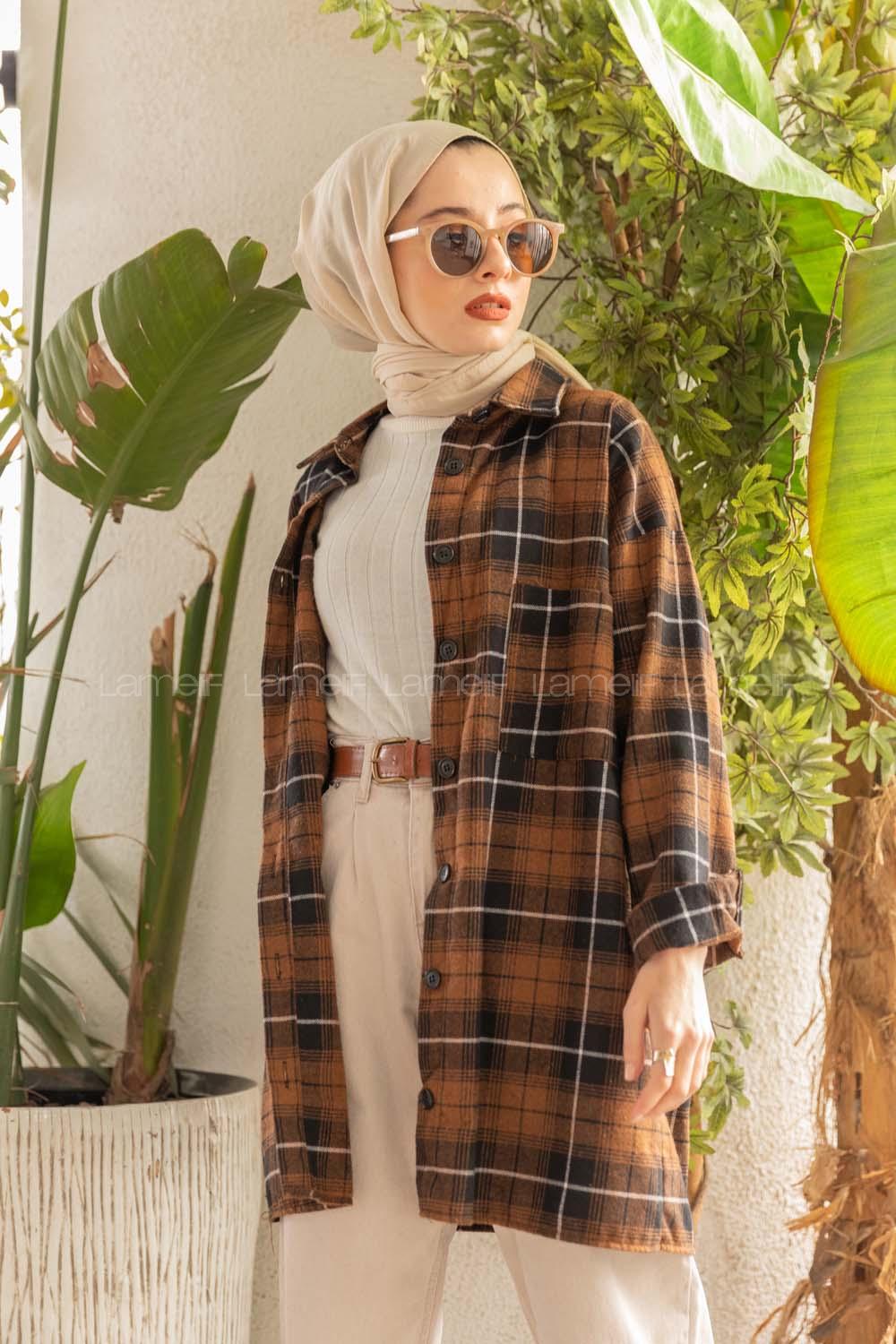 Modalamelif  Önü Düğmeli Oduncu Gömleği Kahverengi Beyaz