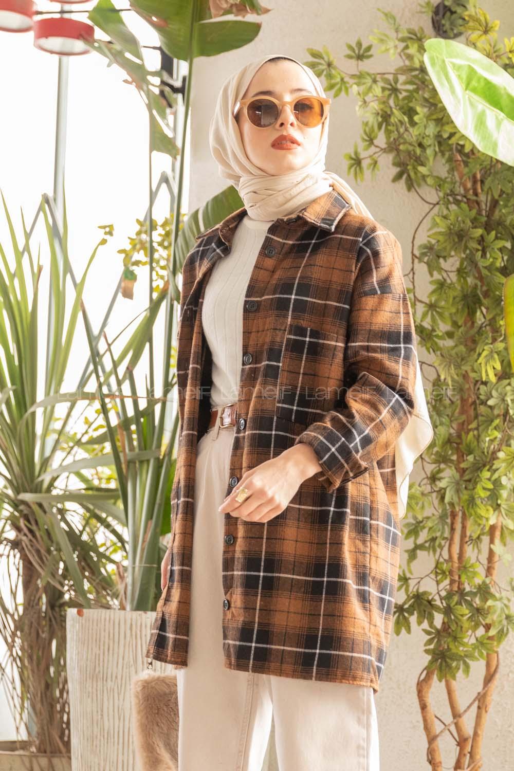 Modalamelif  Önü Düğmeli Oduncu Gömleği Kahverengi Beyaz