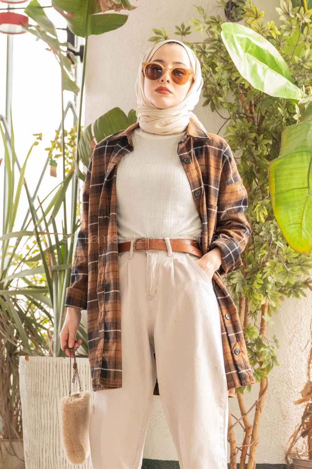 Modalamelif  Önü Düğmeli Oduncu Gömleği Kahverengi Beyaz