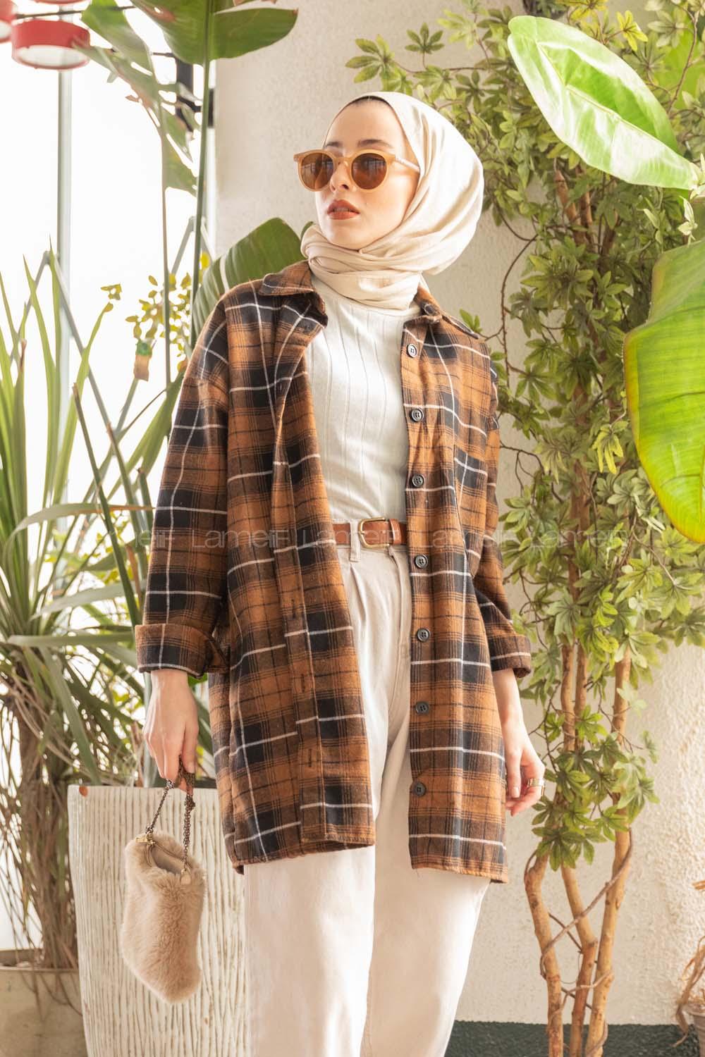 Modalamelif  Önü Düğmeli Oduncu Gömleği Kahverengi Beyaz