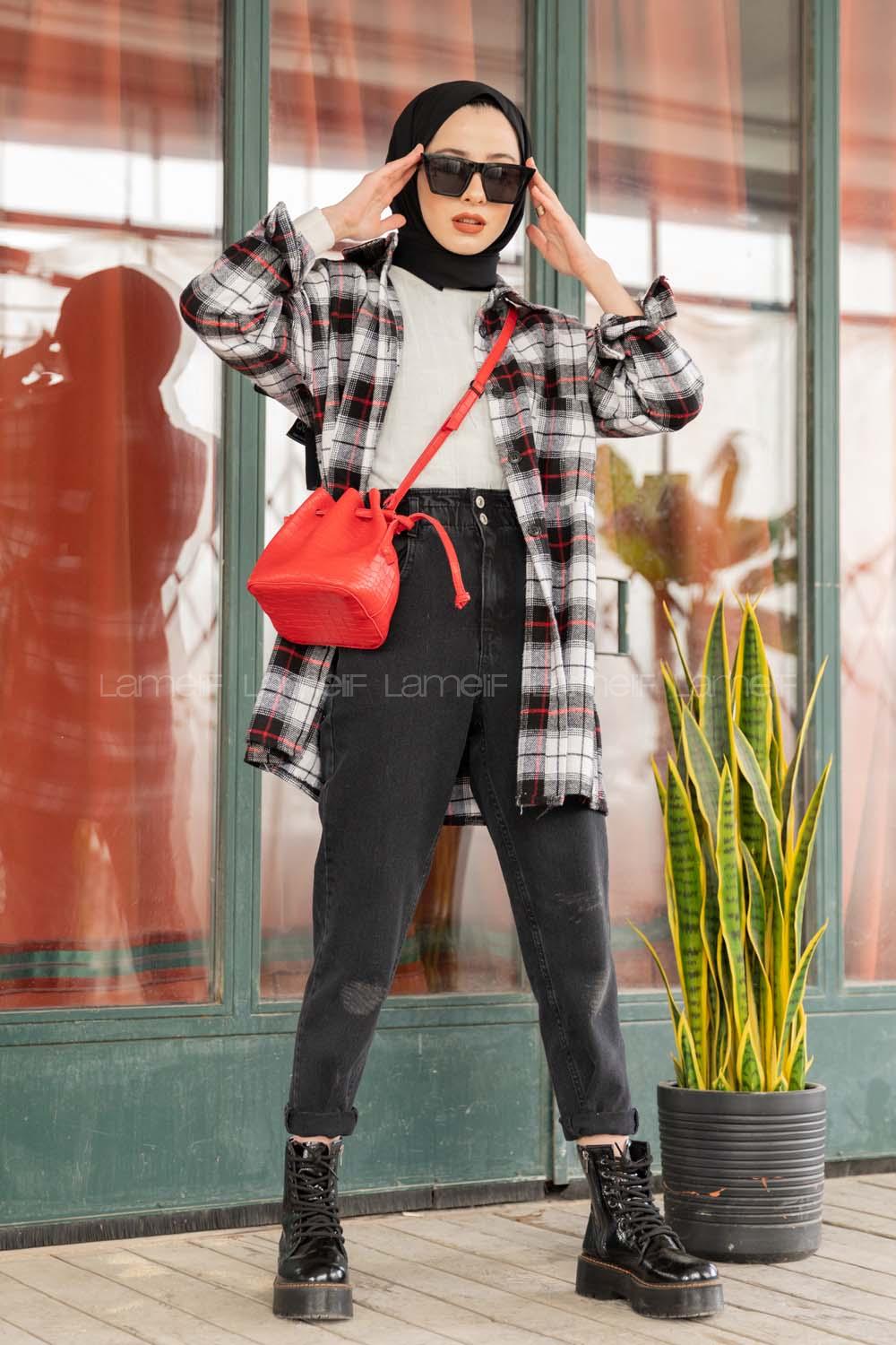 Modalamelif  Önü Düğmeli Oduncu Gömleği Siyah Beyaz