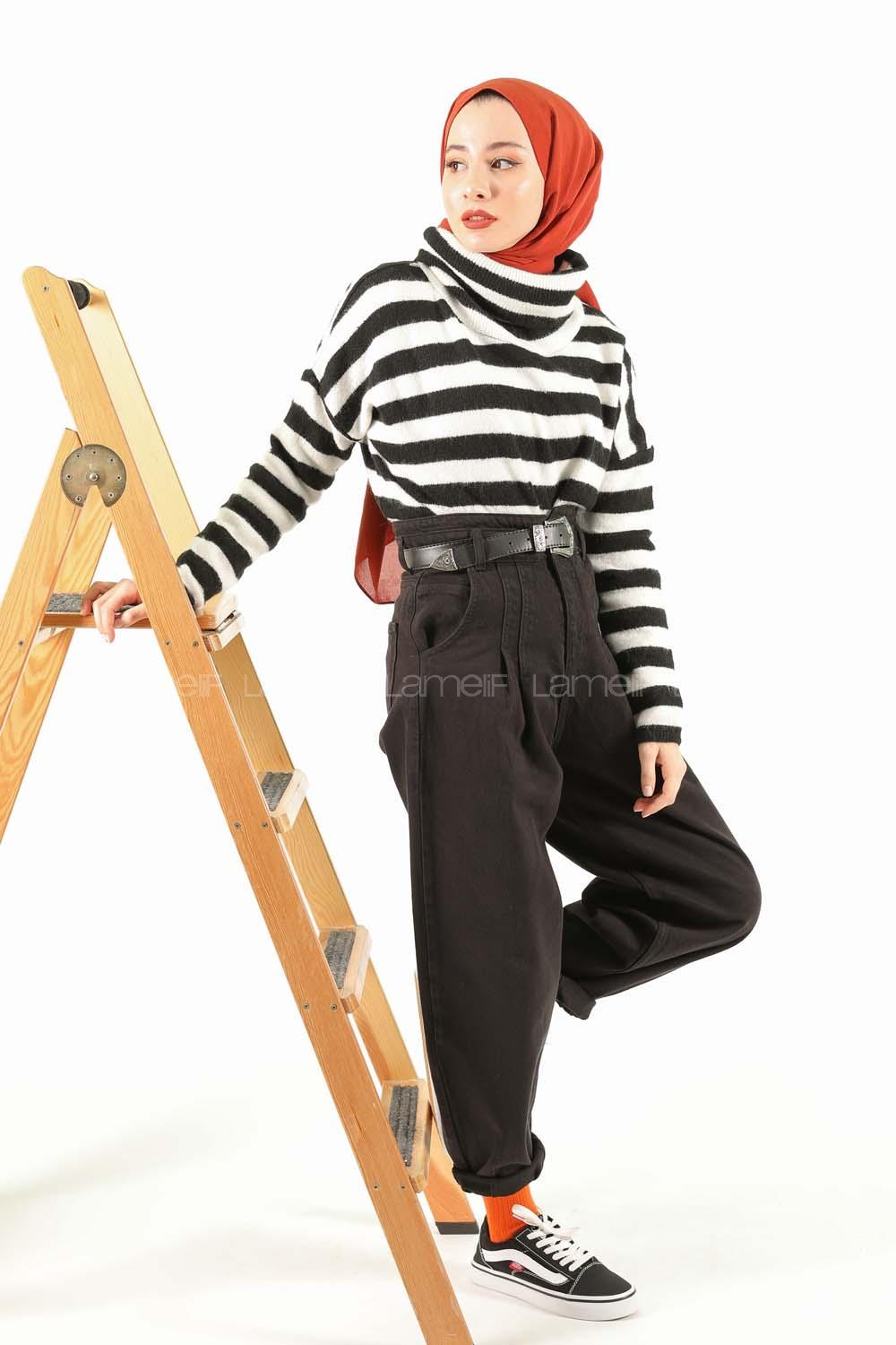 Modalamelif Balıkçı Yaka Çizgili Kazak Siyah