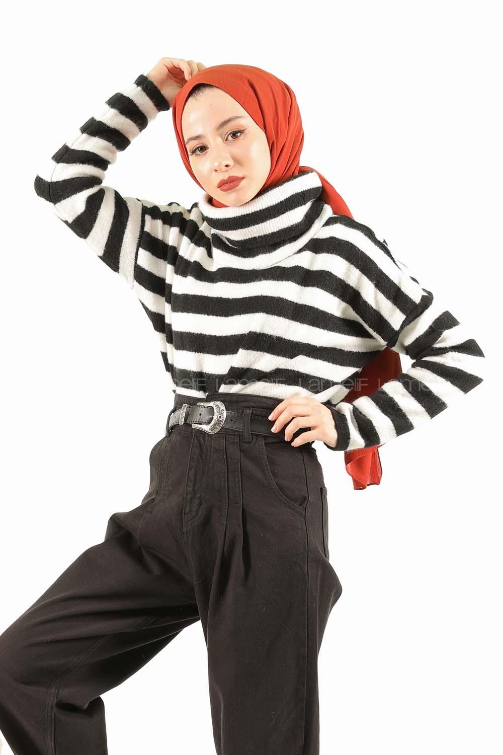 Modalamelif Balıkçı Yaka Çizgili Kazak Siyah