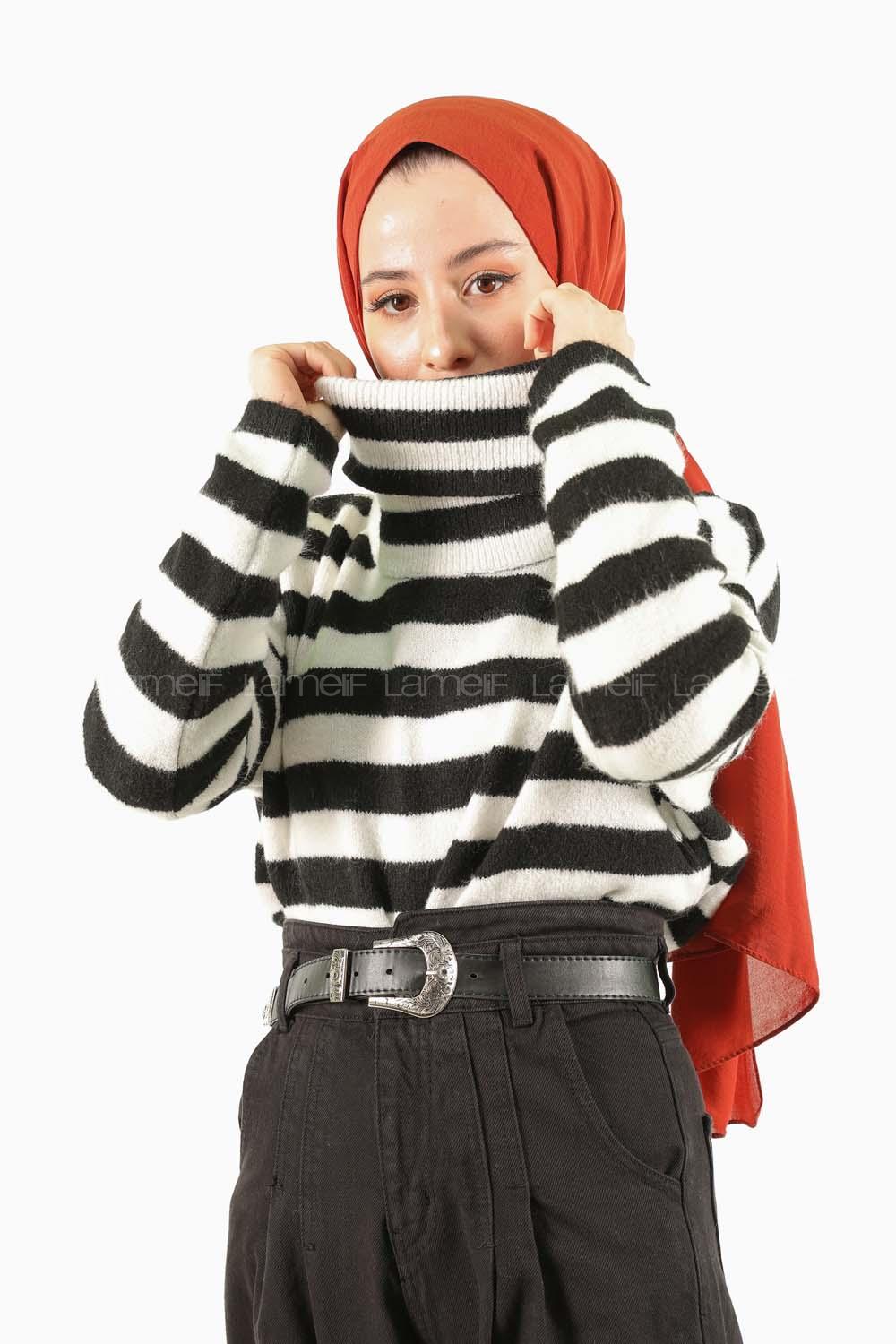 Modalamelif Balıkçı Yaka Çizgili Kazak Siyah