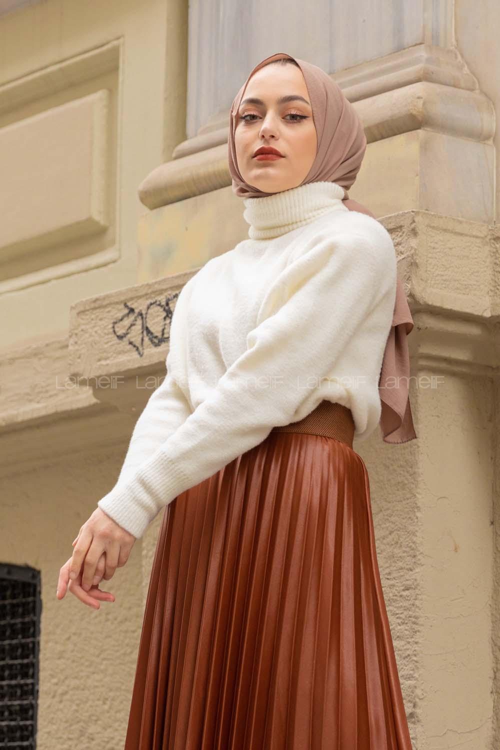 Modalamelif Balıkçı Yaka Düz Renk Kazak Ekru