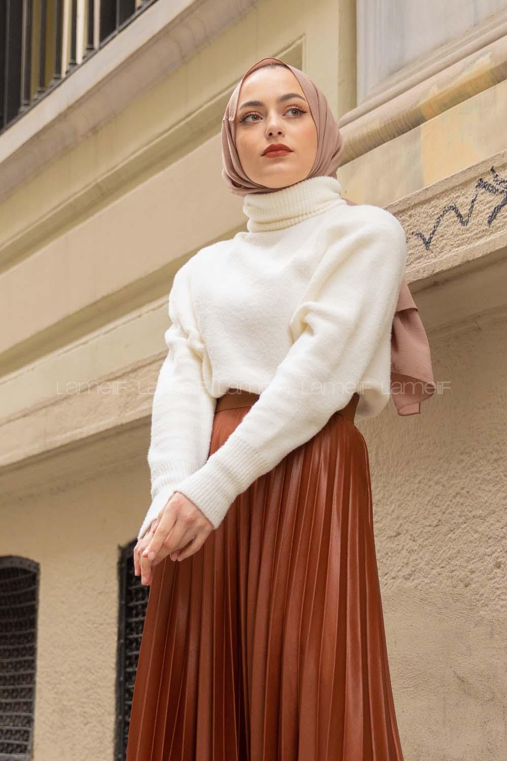 Modalamelif Balıkçı Yaka Düz Renk Kazak Ekru