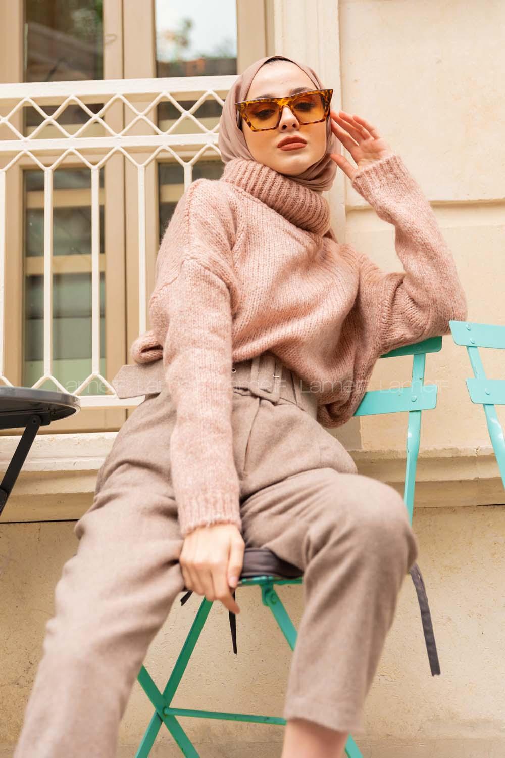 Modalamelif Balıkçı Yaka T Kol Kazak Pudra