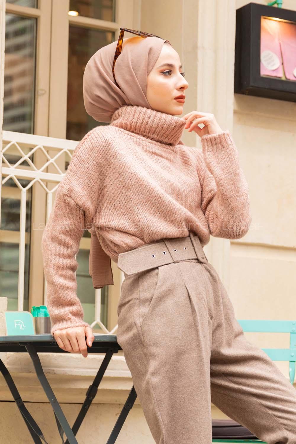 Modalamelif Balıkçı Yaka T Kol Kazak Pudra