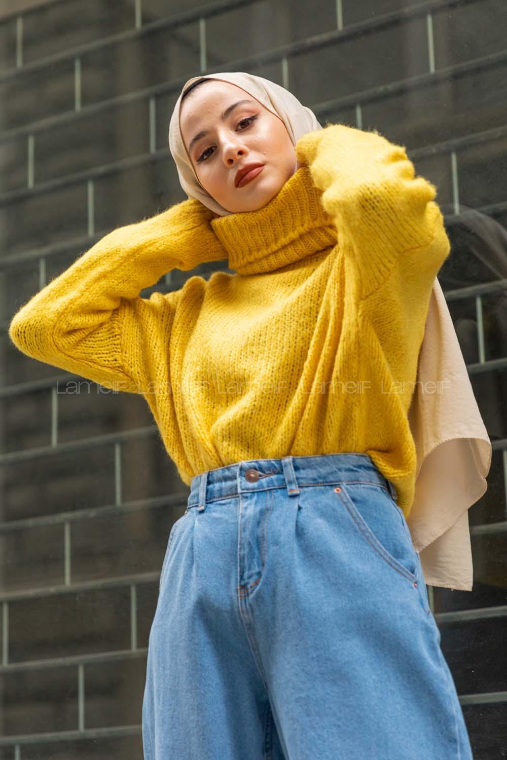 Modalamelif Balıkçı Yaka T Kol Kazak  Sarı