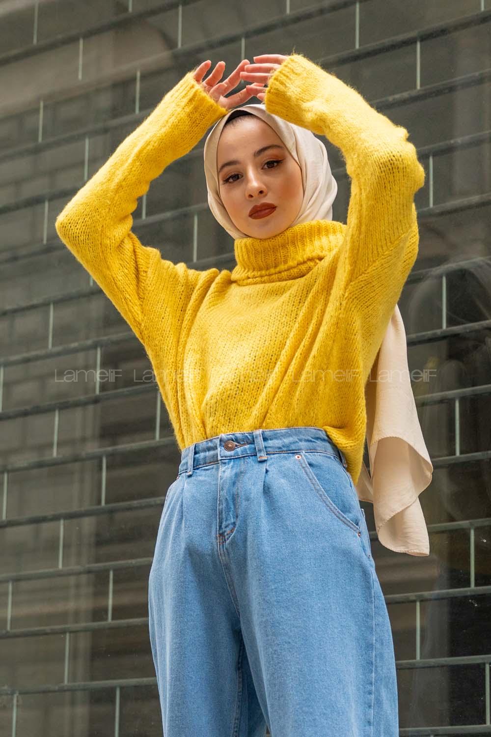 Modalamelif Balıkçı Yaka T Kol Kazak  Sarı