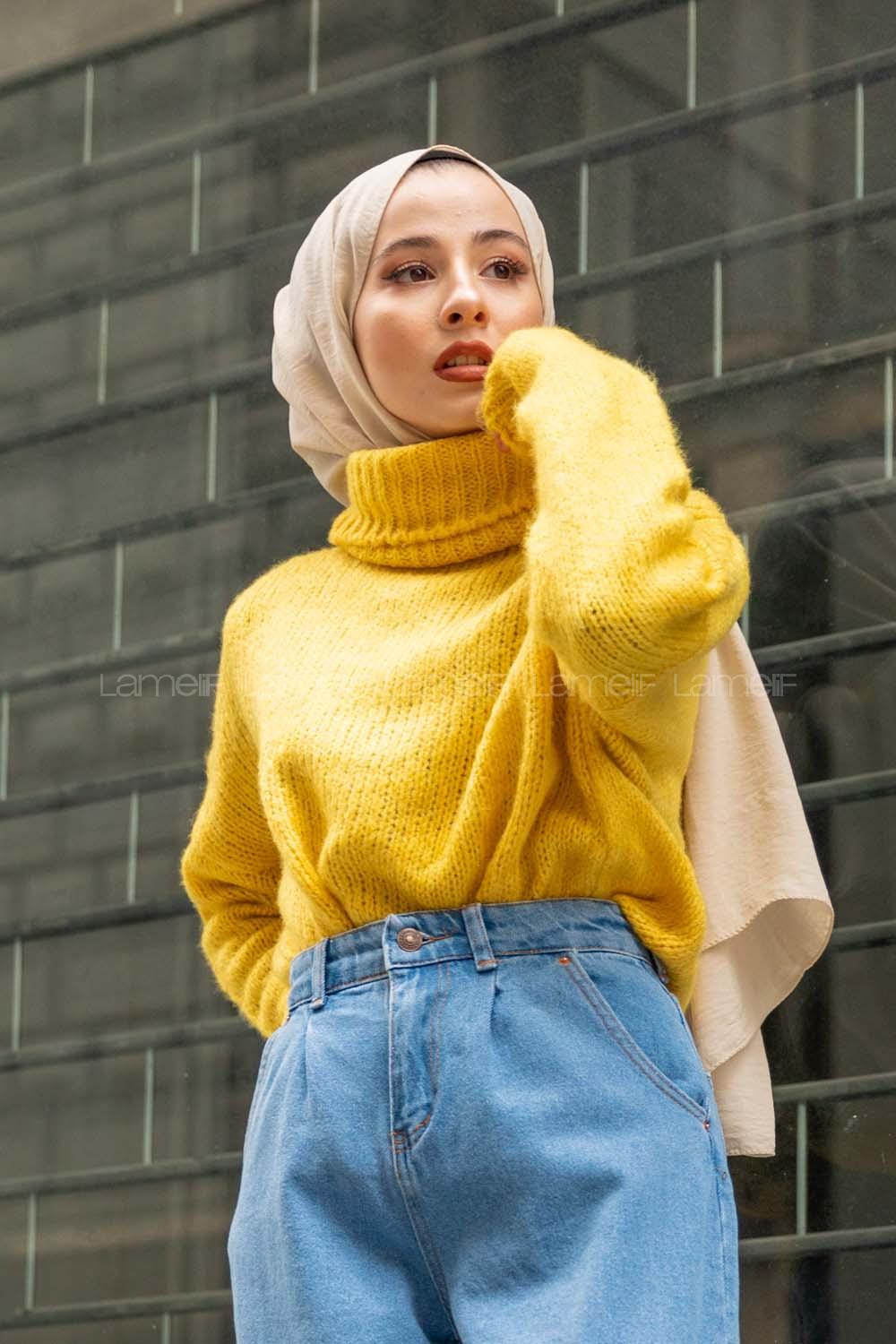 Modalamelif Balıkçı Yaka T Kol Kazak  Sarı